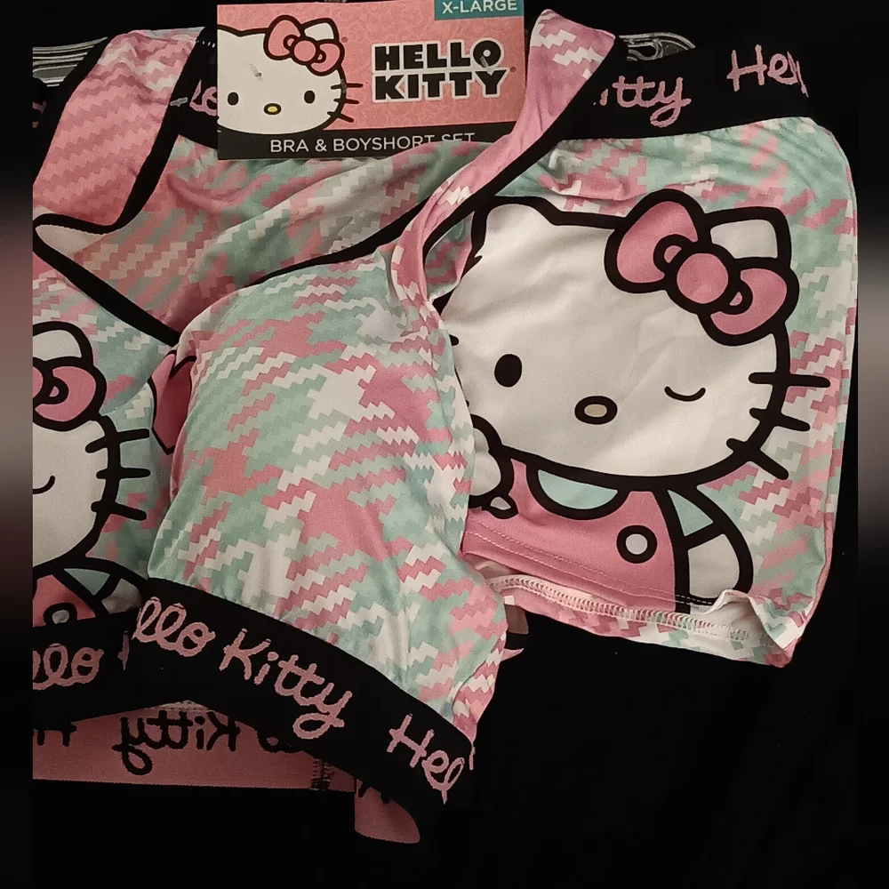 New With Tag Hello Kitty Pink & Green Plaid Bra & Boyshort 2pc Set Women Size XL - Picture 2 of 3